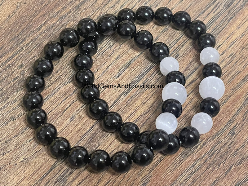 Black Tourmaline With Three Selenite Beads Bracelet 8mm