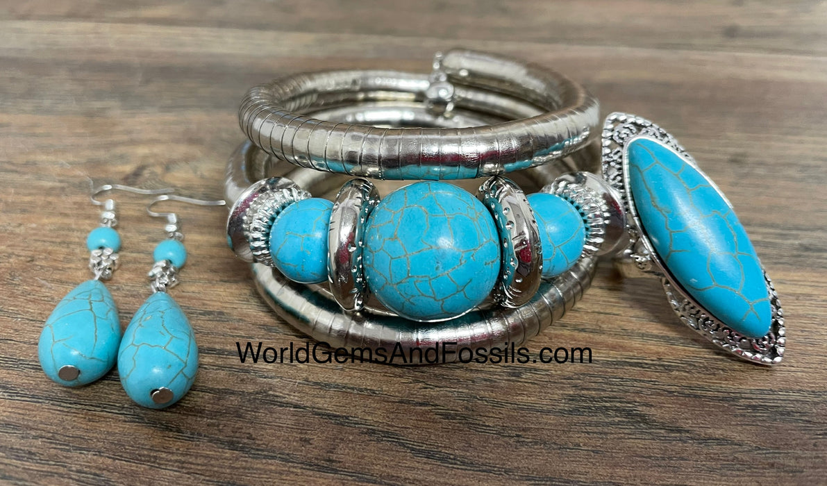 Blue Howlite Bracelet, Earring And Ring Set
