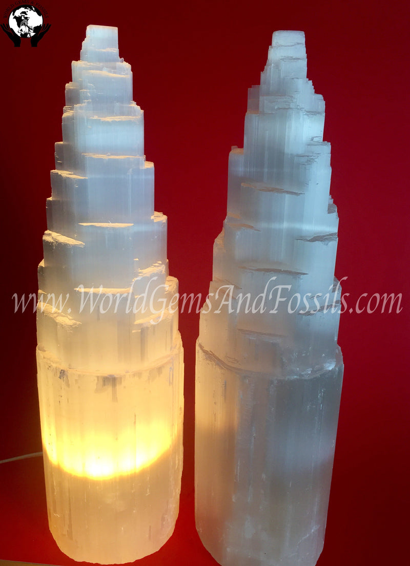 15"-18" Selenite Single Tower Lamp With Cord And Bulb