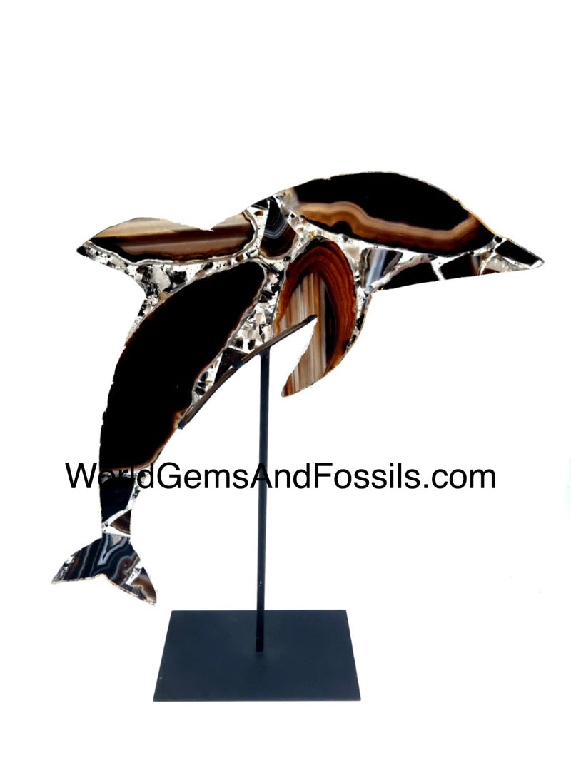 Black Agate Dolphin On Metal Stand 36cm Pre Order