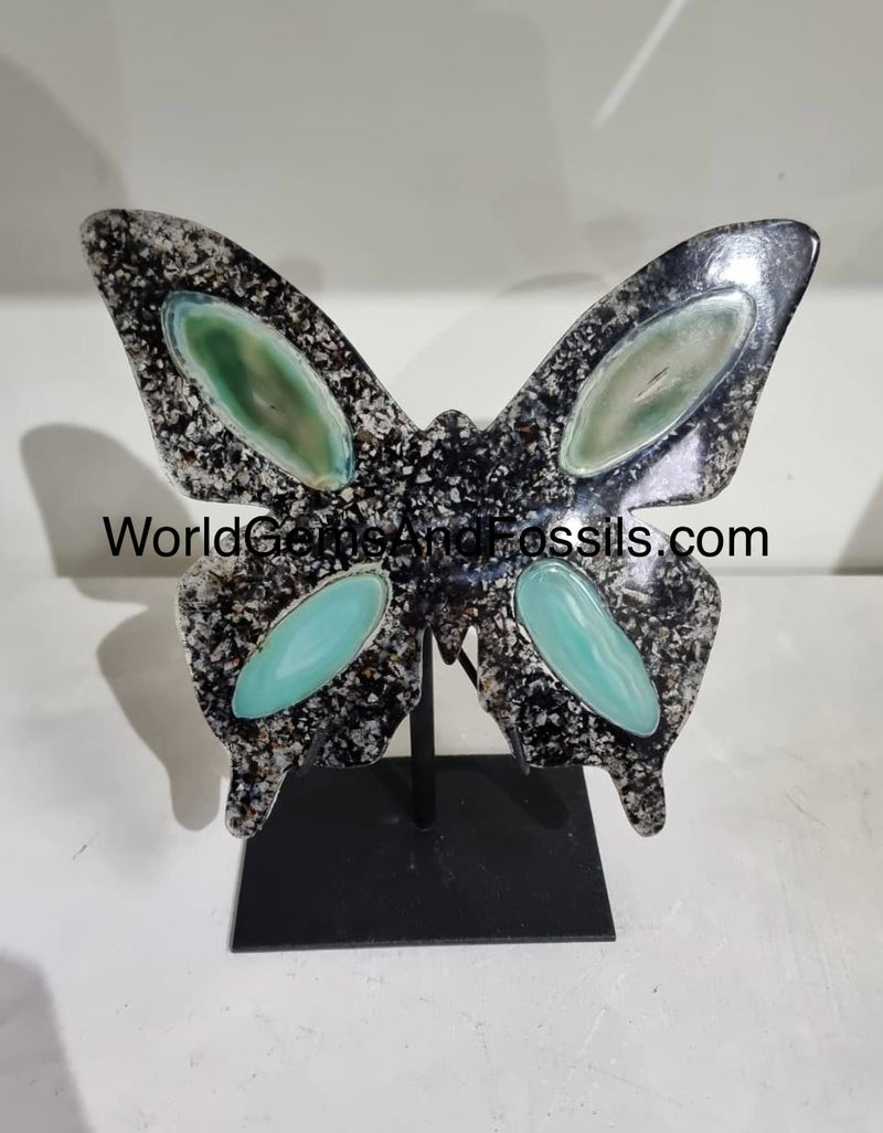 Green Agate Butterfly On Metal Stand 17cm Pre Order