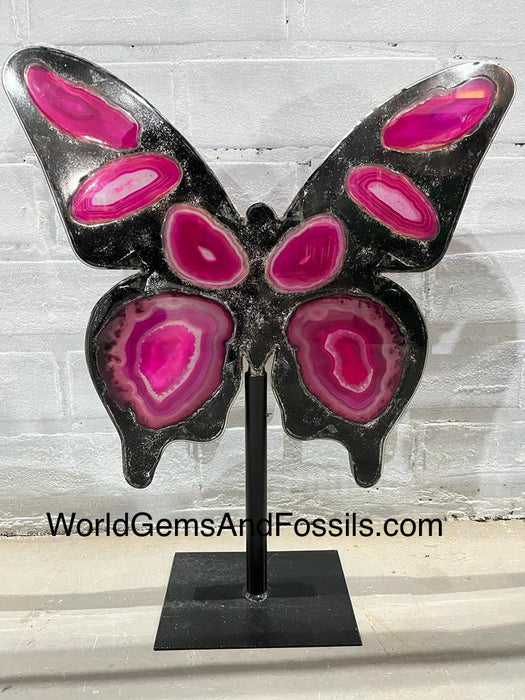 Pink Agate Butterfly On Metal Stand 46cm Pre Order