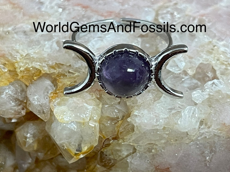 Amethyst Triple Moon Ring Silver Plated
