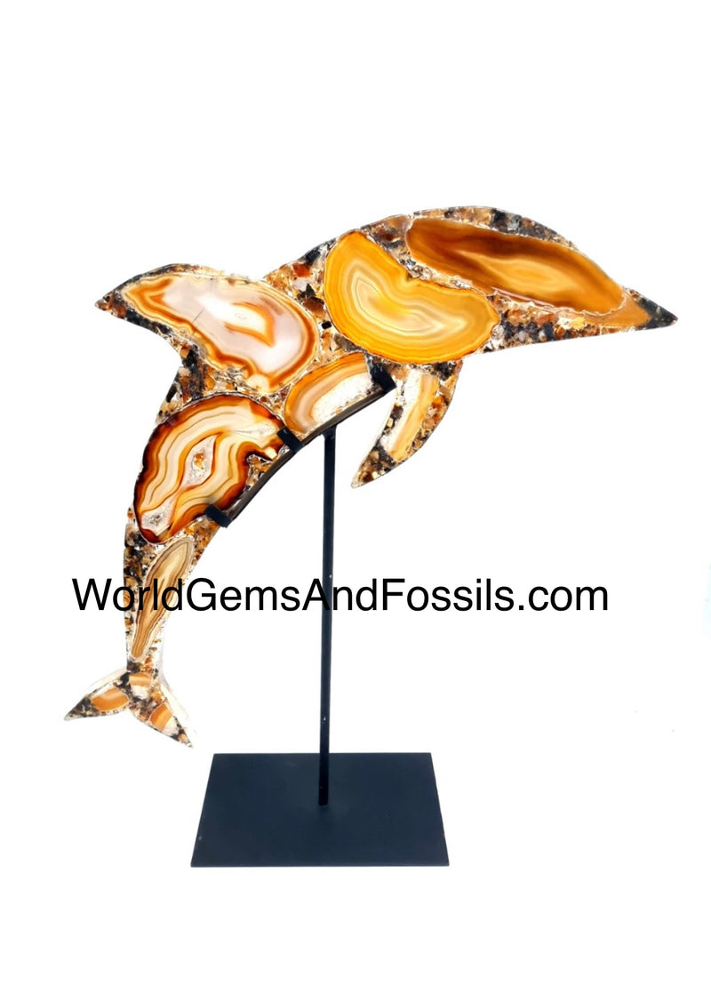 Brown Agate Dolphin On Metal Stand 16cm