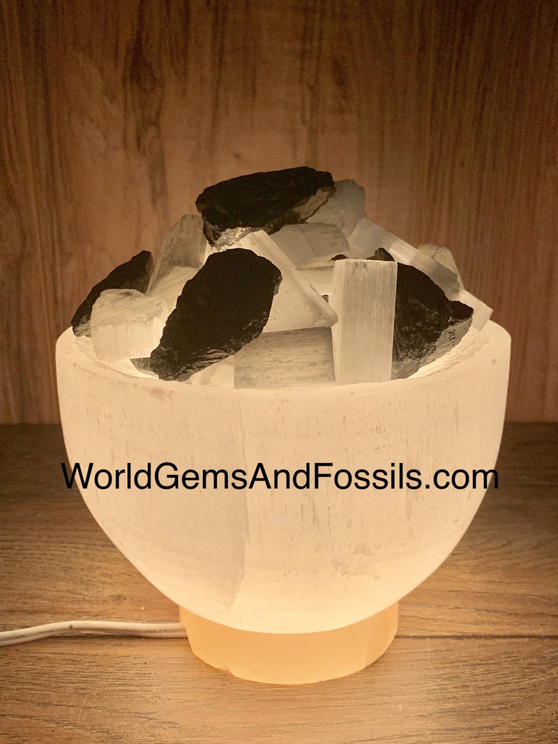 Black Tourmaline Selenite Fire Bowl Lamp With Cord And Bulb