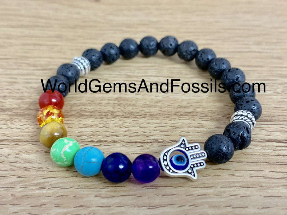 Chakra Lava Bracelet With Hamsa Hand 8mm