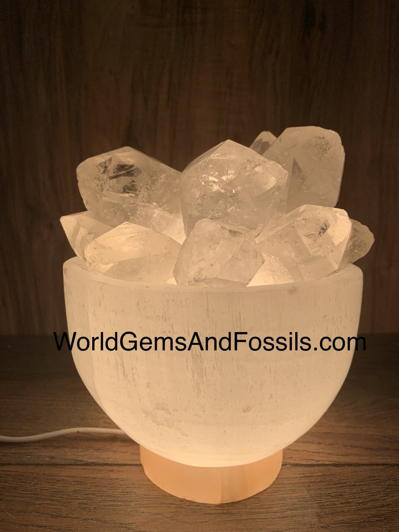 Clear Quartz Selenite Fire Bowl Lamps With Cord And Bulb