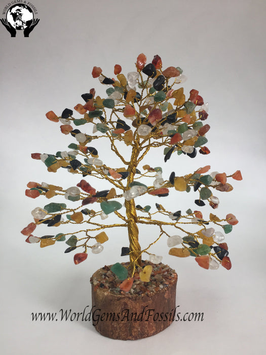 9" Multi Color Gem Tree On Wood Base