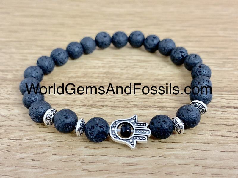 Lava Bracelet With Silver Plated Hamsa Hand 8mm