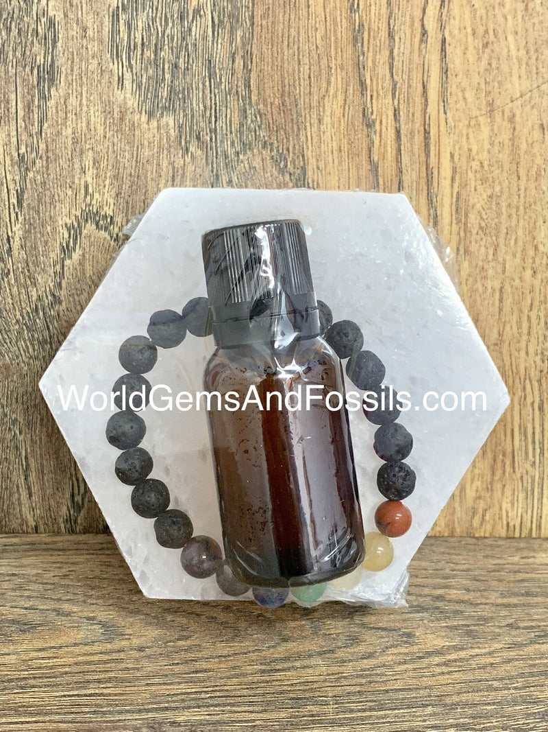 Lavender Essential Oil With Chakra Lava Bracelet And Selenite Charging Plate 1