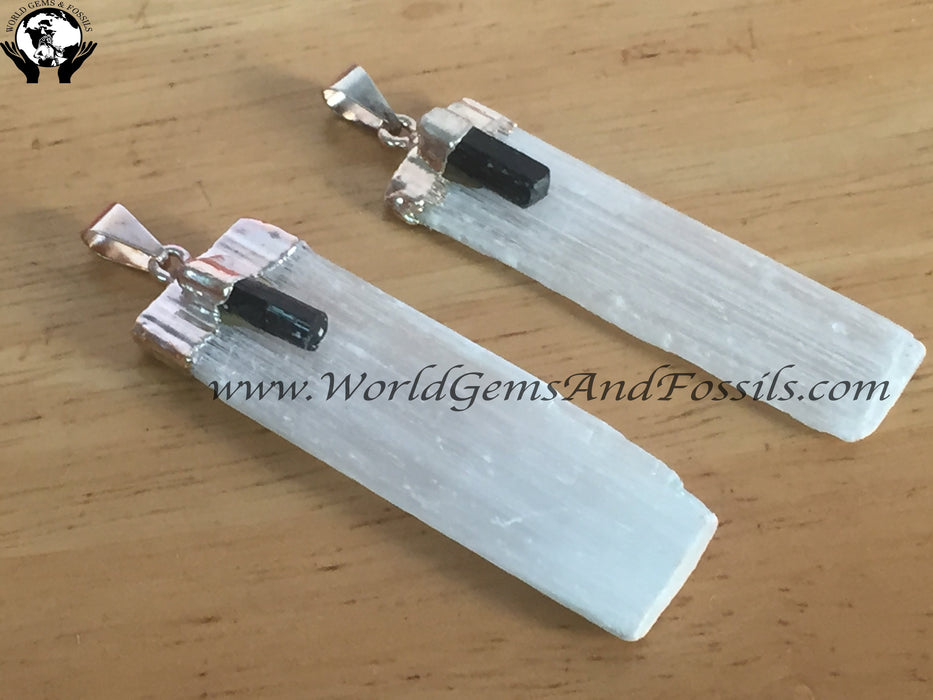 Selenite Blade W/Black Tourmaline Point Pendant