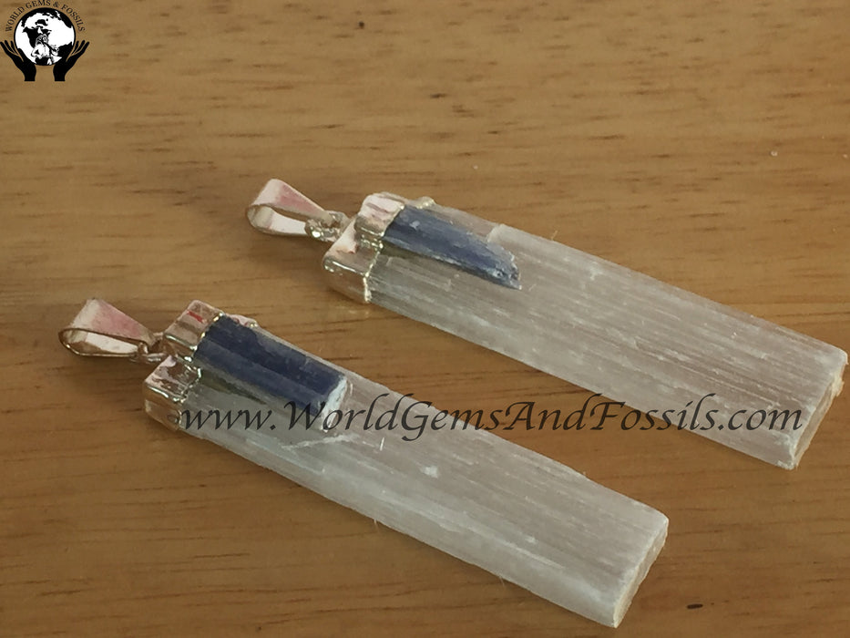 Selenite Blade With Blue Kyanite Point Pendants