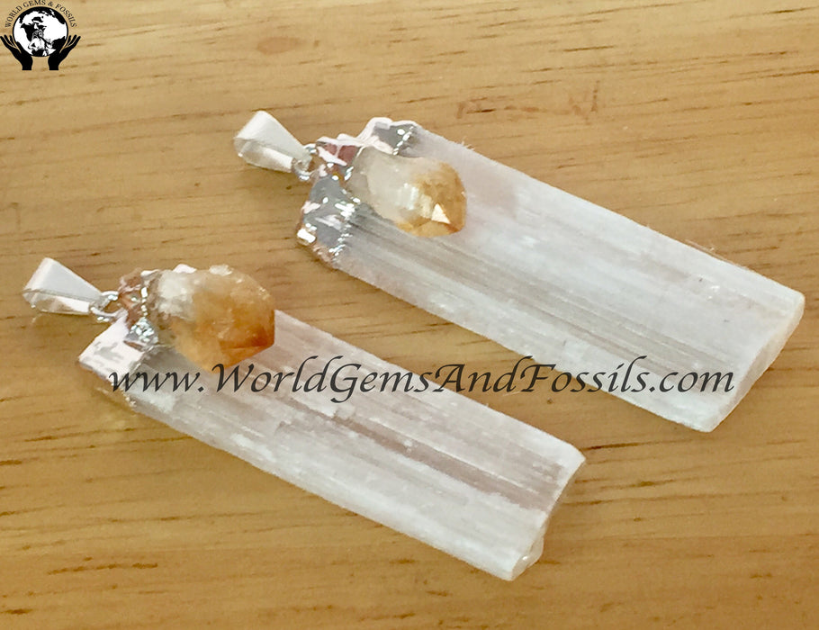 Selenite Blade W/Citrine Point Pendant