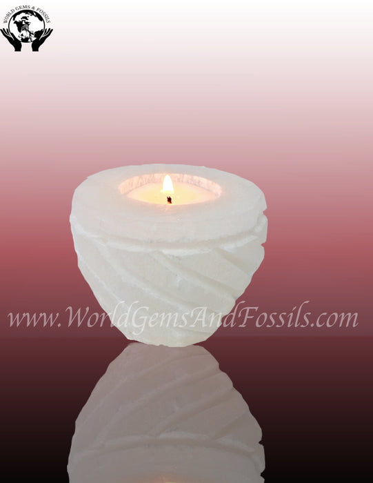 Selenite Cut Candle Holders White