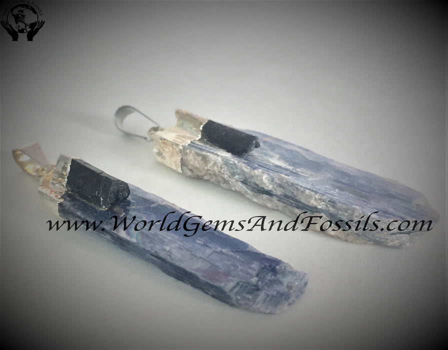 Silver Plated Blue Kyanite w/ Black Tourmaline Pendants