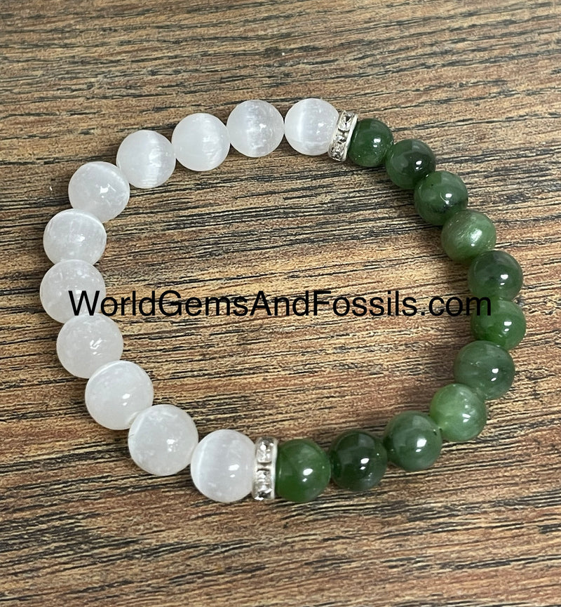 Selenite Nephrite Jade Bracelet 8mm