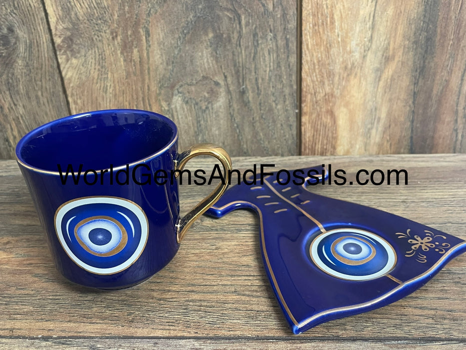 Evil Eye Cup With Saucer Blue   BRED