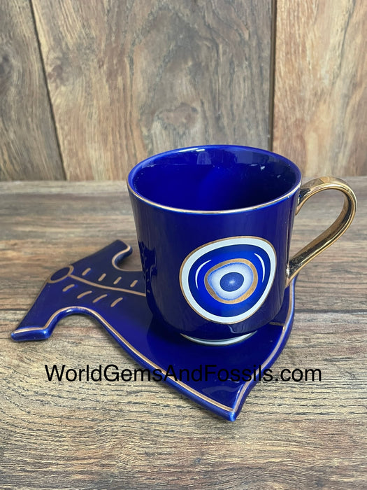 Evil Eye Cup With Saucer Blue   BRED