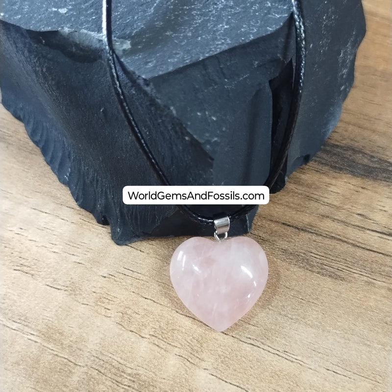 Rose Quartz Necklace Heart On Black Cord