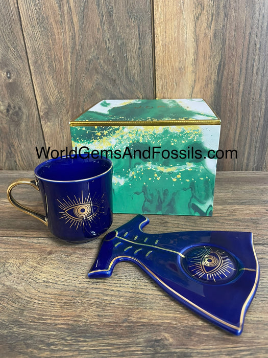 Evil Eye Cup With Saucer Blue   BED