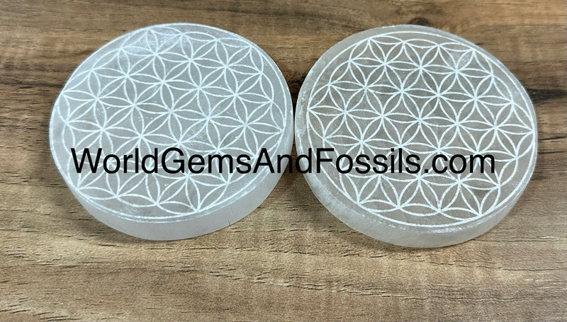 Selenite Flower Of Life Engraved Plates Circle 3"