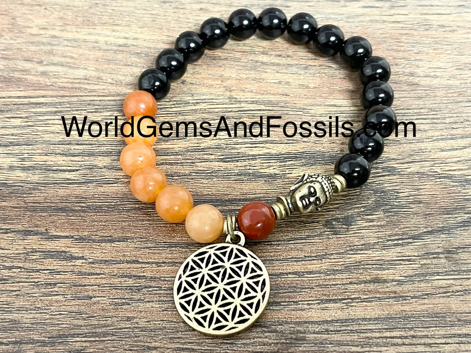 Black Obsidian Peach Aventurine Bracelet With Flower Of Life Charm 8mm