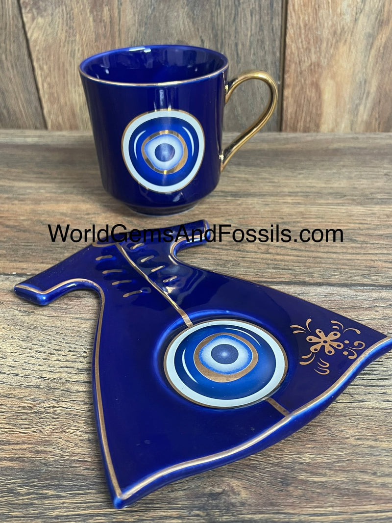 Evil Eye Cup With Saucer Blue   BRED