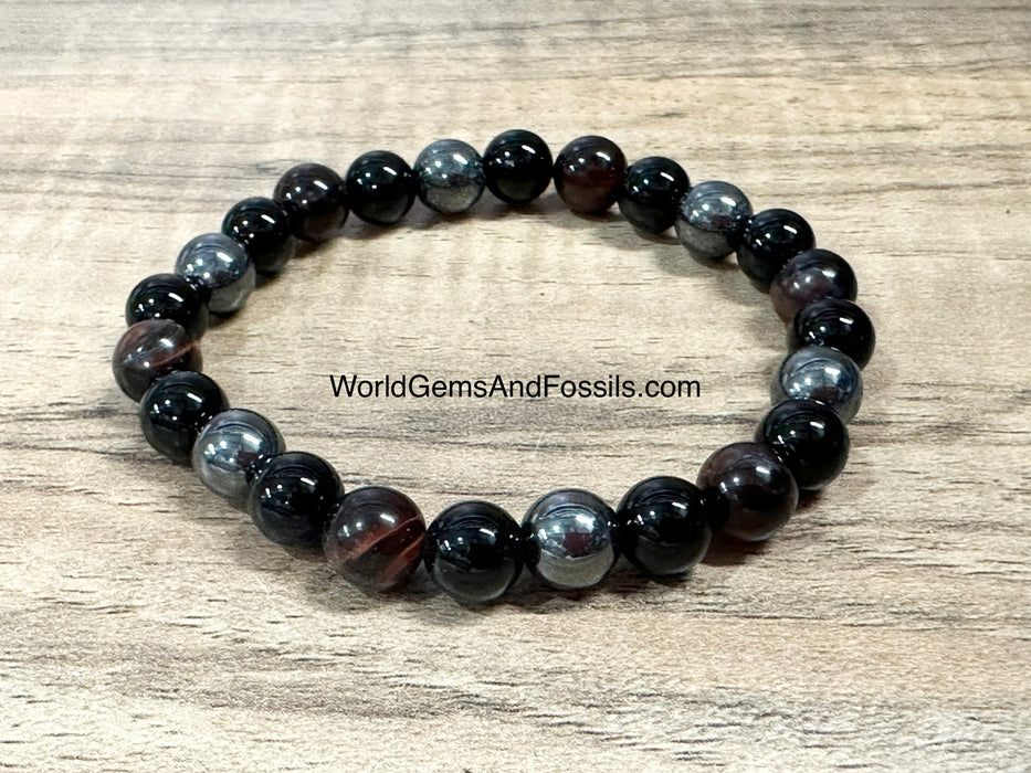 Hematite Black Obsidian Red Tiger Eye Bracelet 8mm