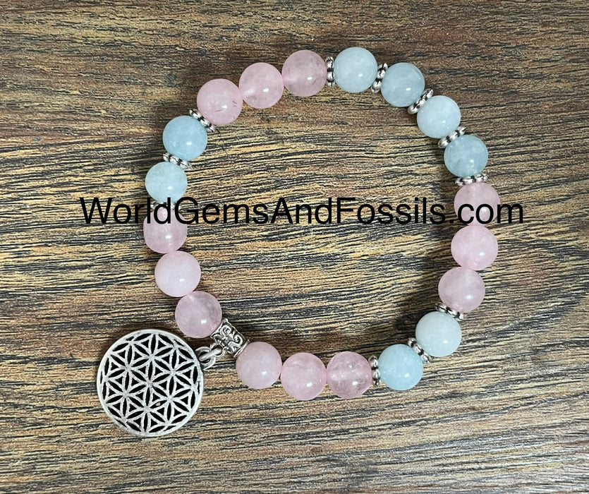 Rose Quartz Aquamarine Bracelet With Flower Of Life Charm 8mm