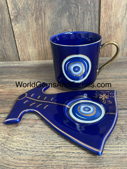 Evil Eye Cup With Saucer Blue   BRED