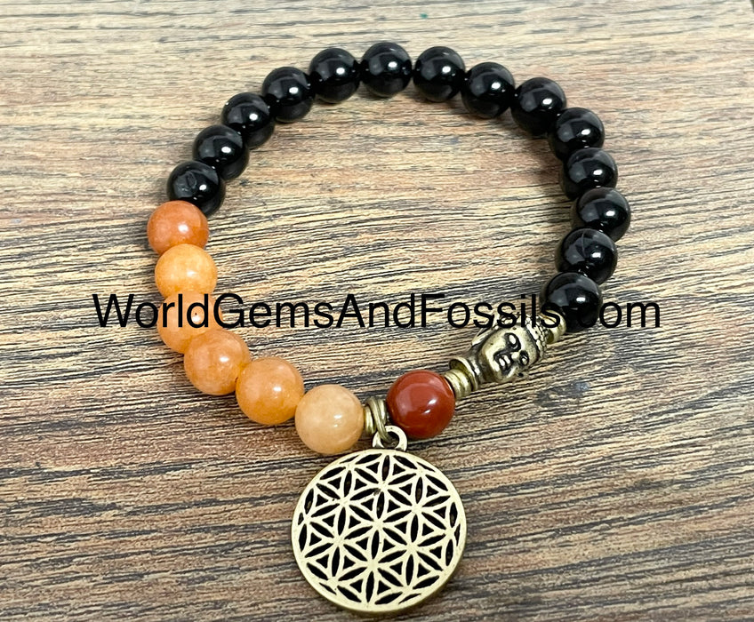 Black Obsidian Peach Aventurine Bracelet With Flower Of Life Charm 8mm