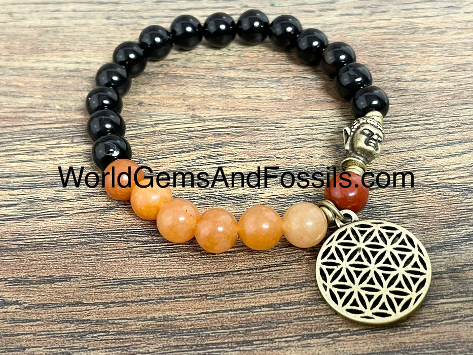 Black Obsidian Peach Aventurine Bracelet With Flower Of Life Charm 8mm