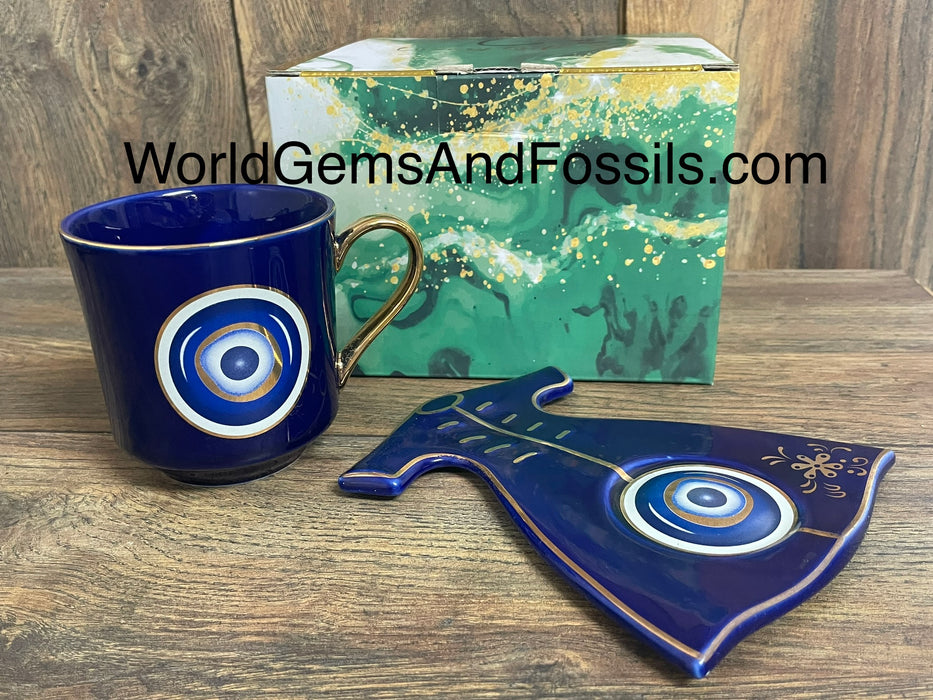 Evil Eye Cup With Saucer Blue   BRED