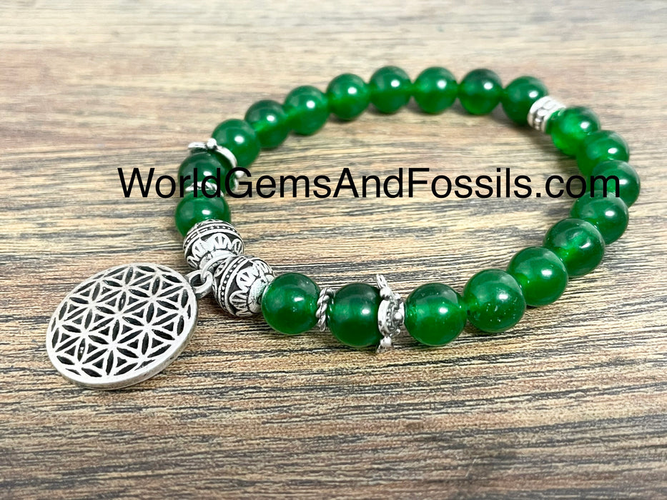 Jade Bracelet With Flower Of Life Charm 8mm