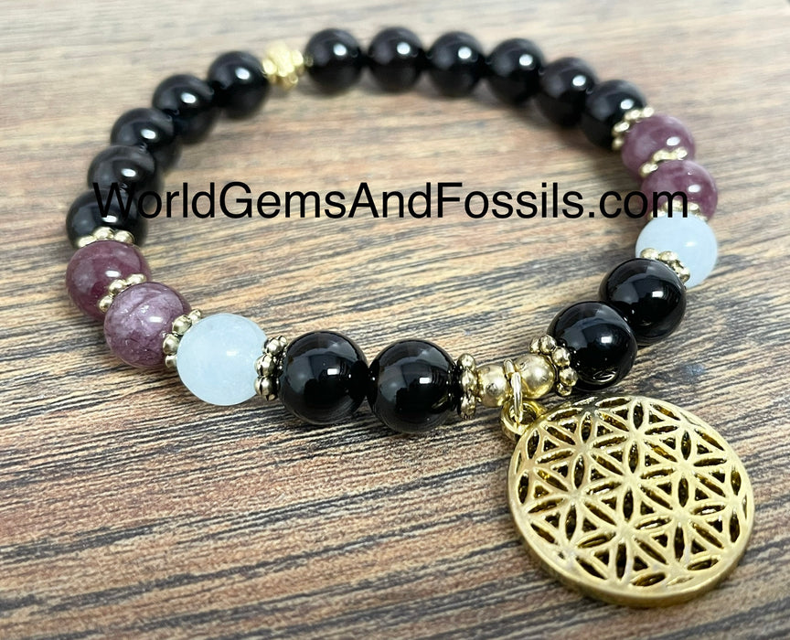 Black Obsidian Aquamarine Bracelet With Flower Of Life Charm 8mm