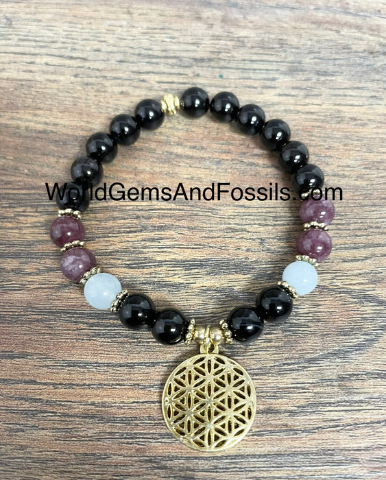 Black Obsidian Aquamarine Bracelet With Flower Of Life Charm 8mm