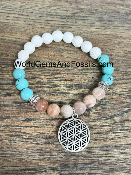 Peach Moonstone White Lava Bracelet With Flower Of Life Charm 8mm