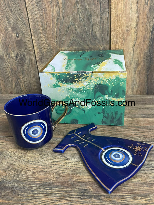 Evil Eye Cup With Saucer Blue   BRED