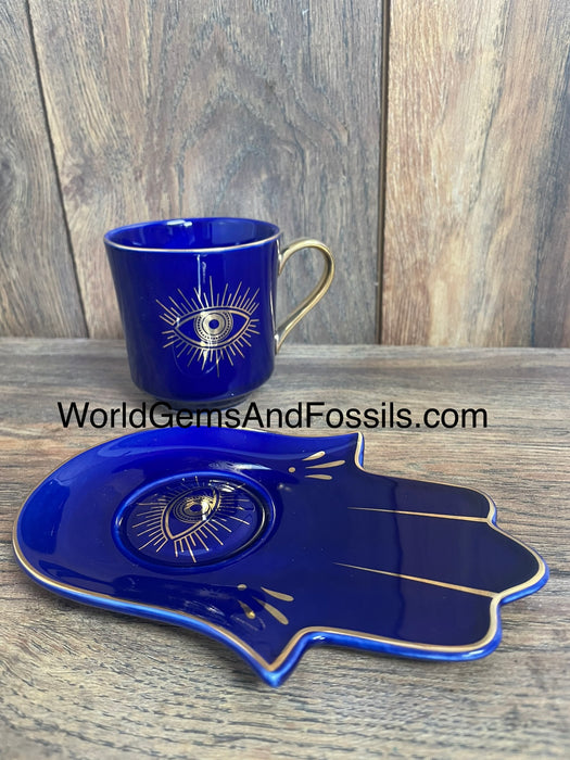 Evil Eye Cup With Saucer Blue   BEH