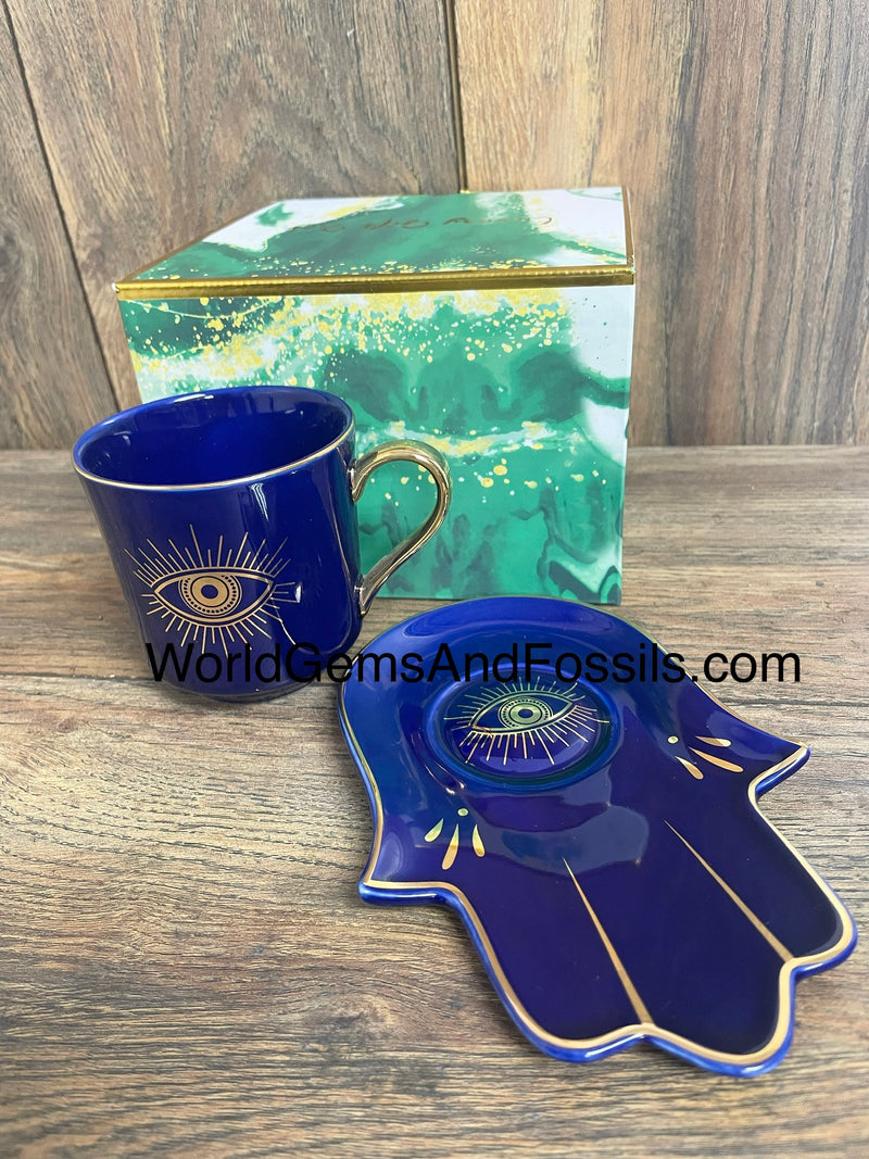 Evil Eye Cup With Saucer Blue   BEH
