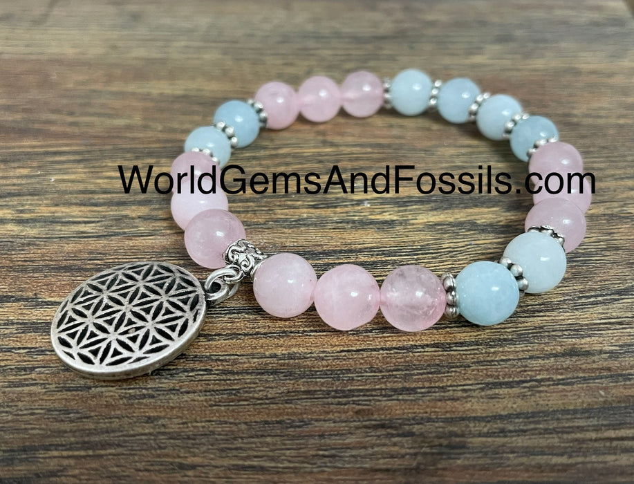 Rose Quartz Aquamarine Bracelet With Flower Of Life Charm 8mm