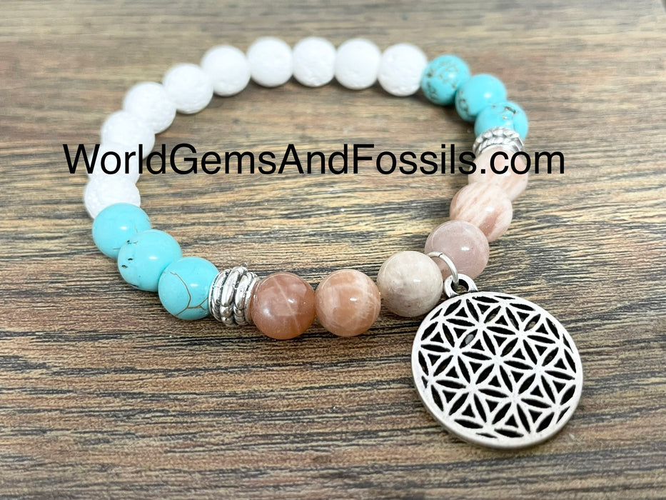 Peach Moonstone White Lava Bracelet With Flower Of Life Charm 8mm