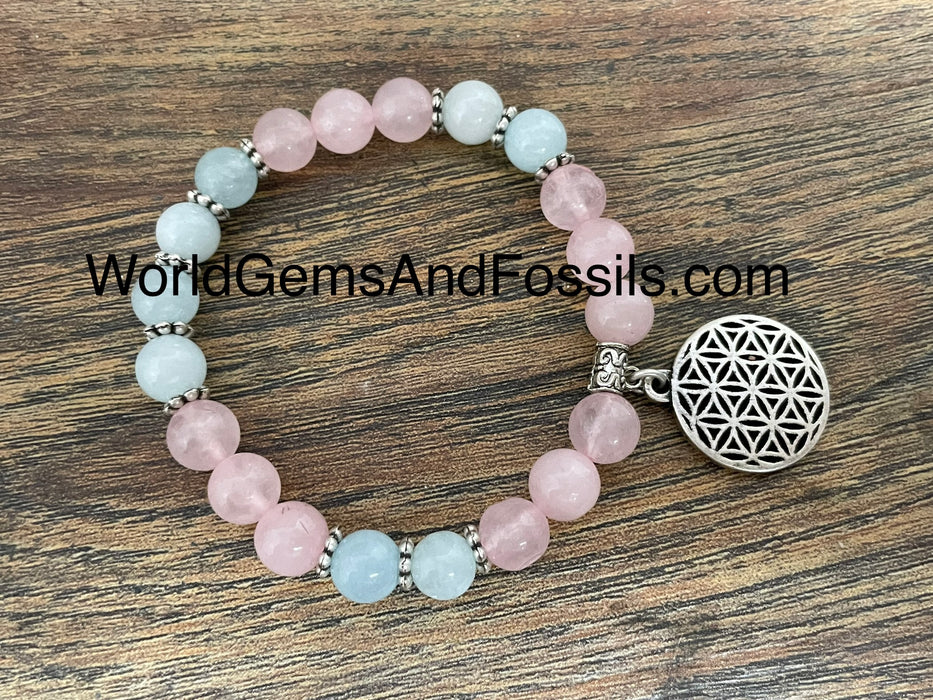 Rose Quartz Aquamarine Bracelet With Flower Of Life Charm 8mm