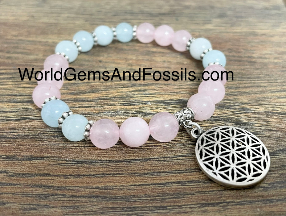 Rose Quartz Aquamarine Bracelet With Flower Of Life Charm 8mm