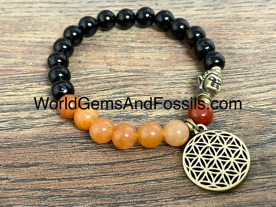 Black Obsidian Peach Aventurine Bracelet With Flower Of Life Charm 8mm