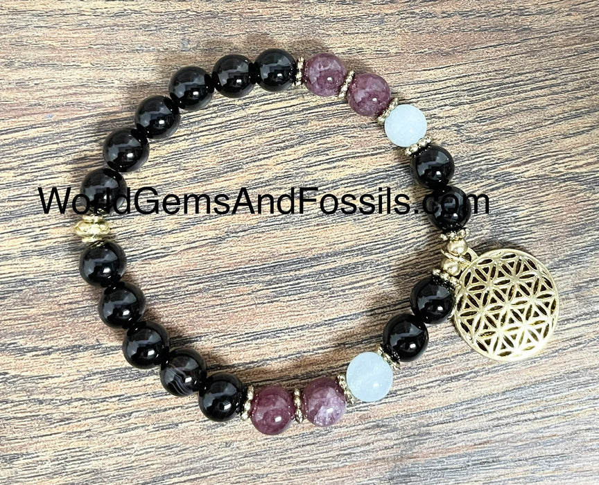 Black Obsidian Aquamarine Bracelet With Flower Of Life Charm 8mm