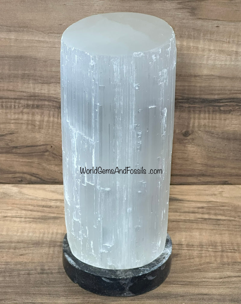 8" Selenite Cylinder Fossil Base Lamps With Cord And Bulb