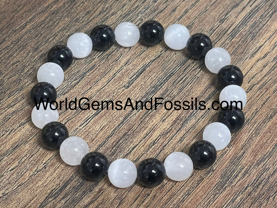 Black Tourmaline Selenite Bracelet 8mm Mix