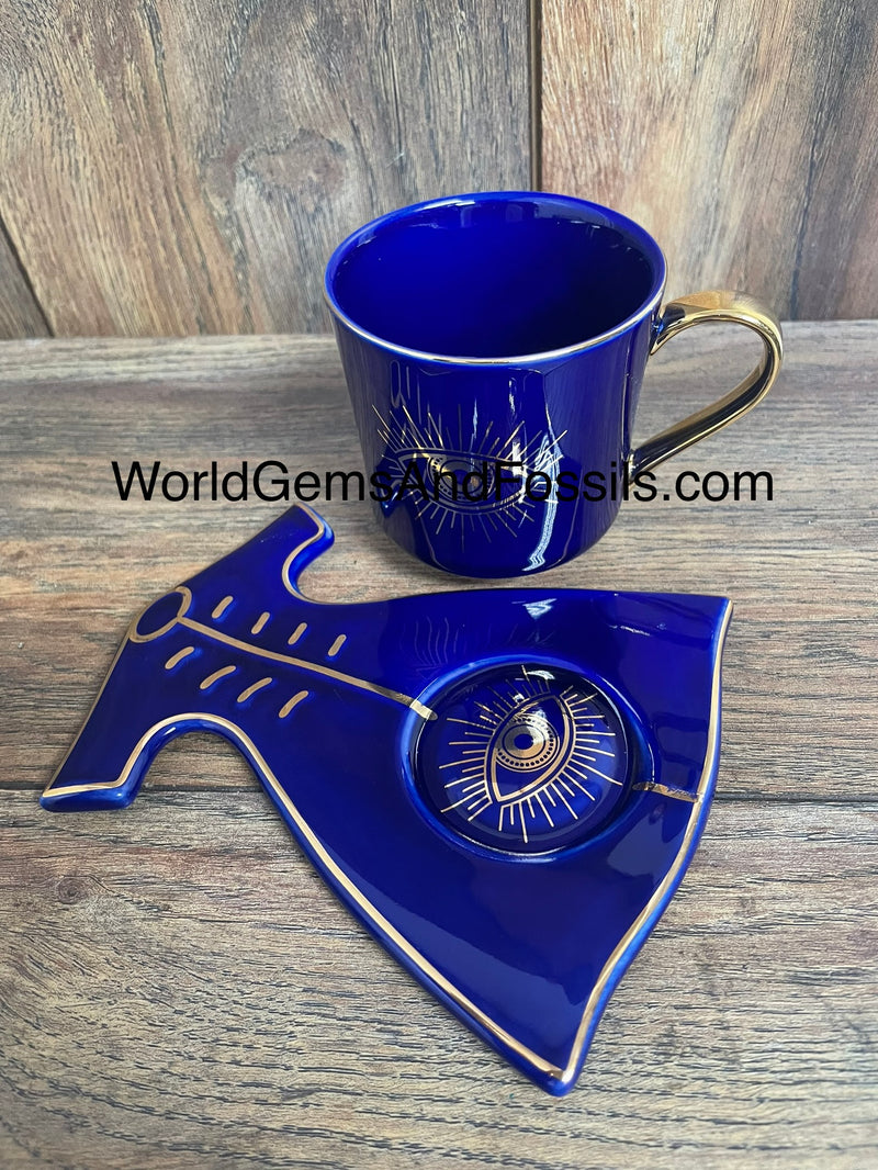 Evil Eye Cup With Saucer Blue   BED