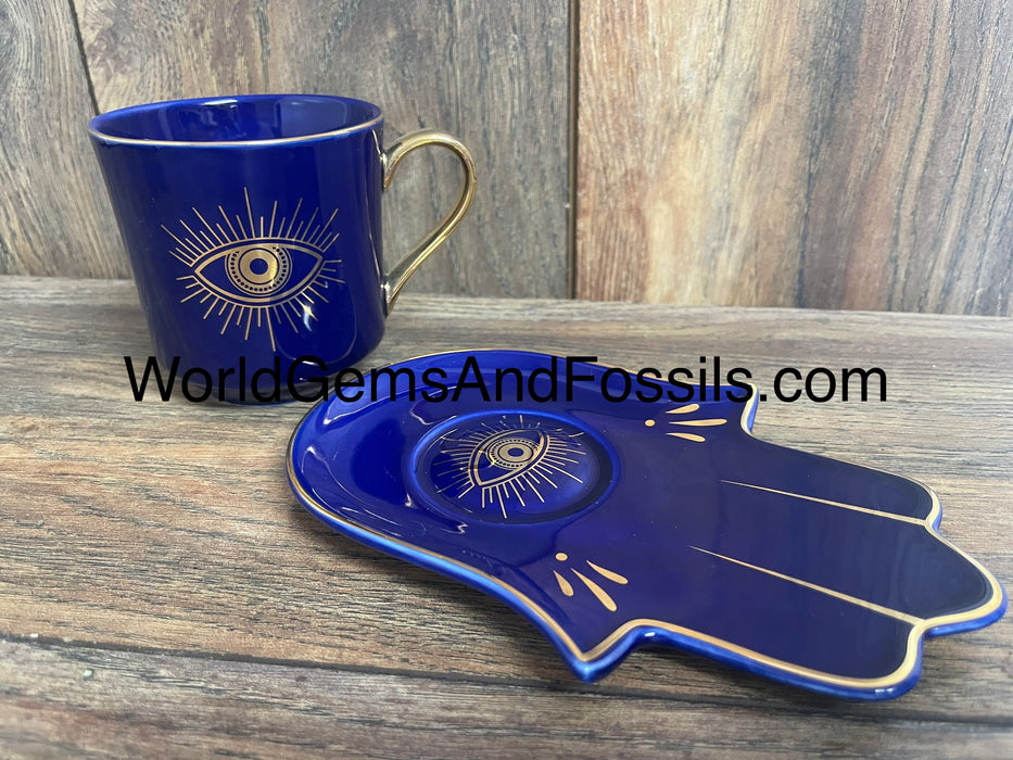 Evil Eye Cup With Saucer Blue   BEH